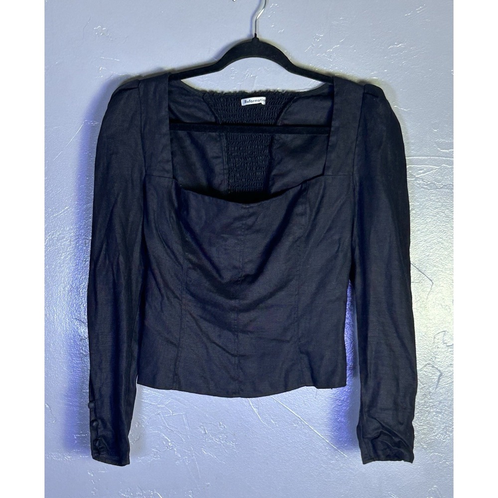 black Reformation long-sleeve linen top square neckline 10 Linen